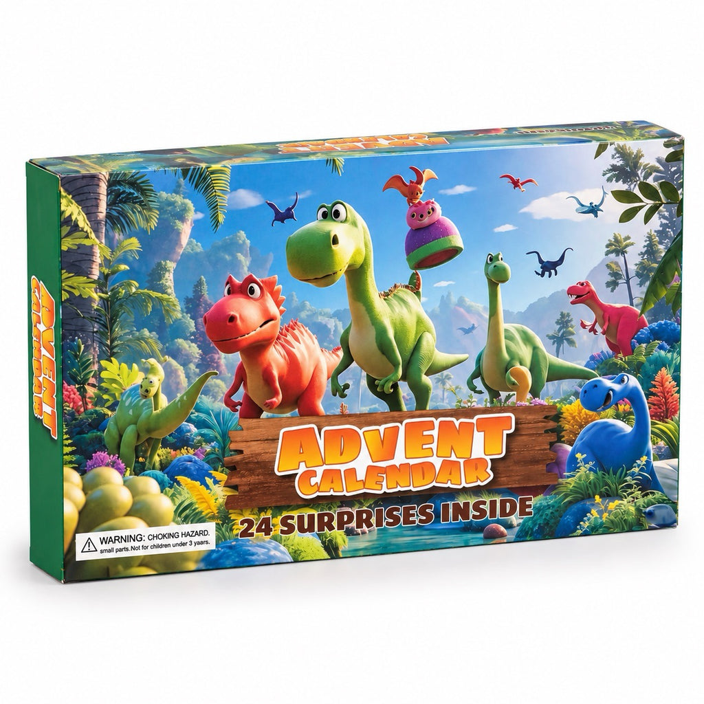 Adventes kalendārs ar 24 krāsainām dinozauru figūriņām