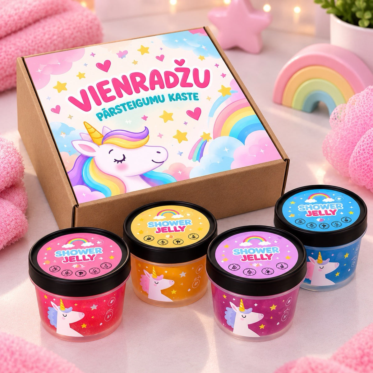 Četru vienradžu dušas želeju komplekts ar dažādiem aromātiem