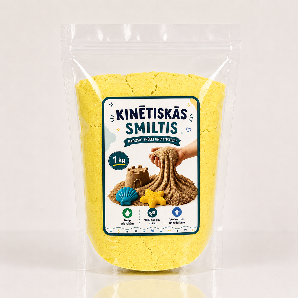 Dzeltenas kinētiskās smiltis bērniem 1 kg iepakojumā