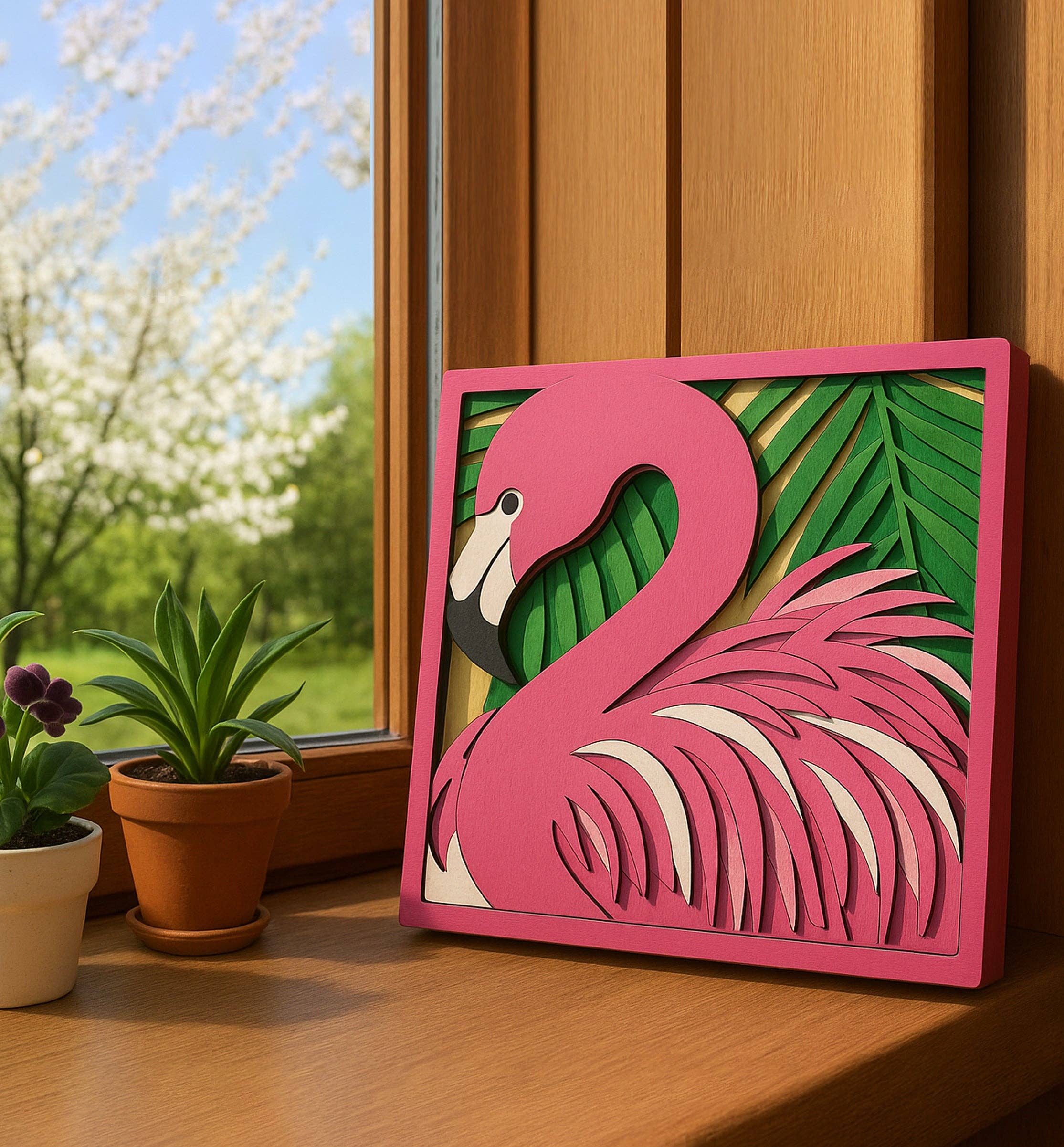 Koka flamingo detaļas telpiska sienas dekora izveidošanai