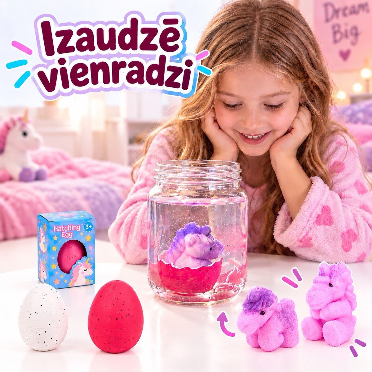 Baltā un rozā maģiskā ola ar diviem dažādiem vienradžiem