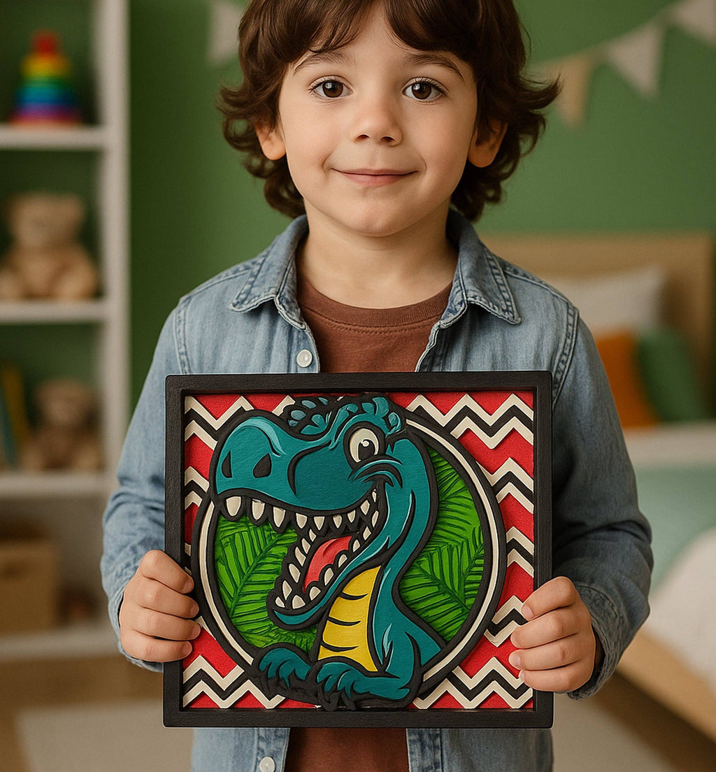 Slāņains koka dinozaura mākslas darbs 25 reiz 25 centimetri