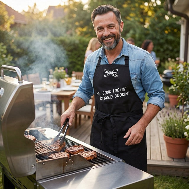 Melns kokvilnas priekšauts | Mr. Good Lookin' Is Good Cookin' dizains