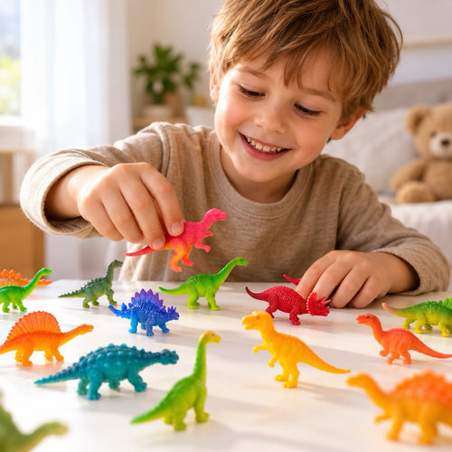 Bērns spēlējas ar krāsainām dinozauru figūriņām