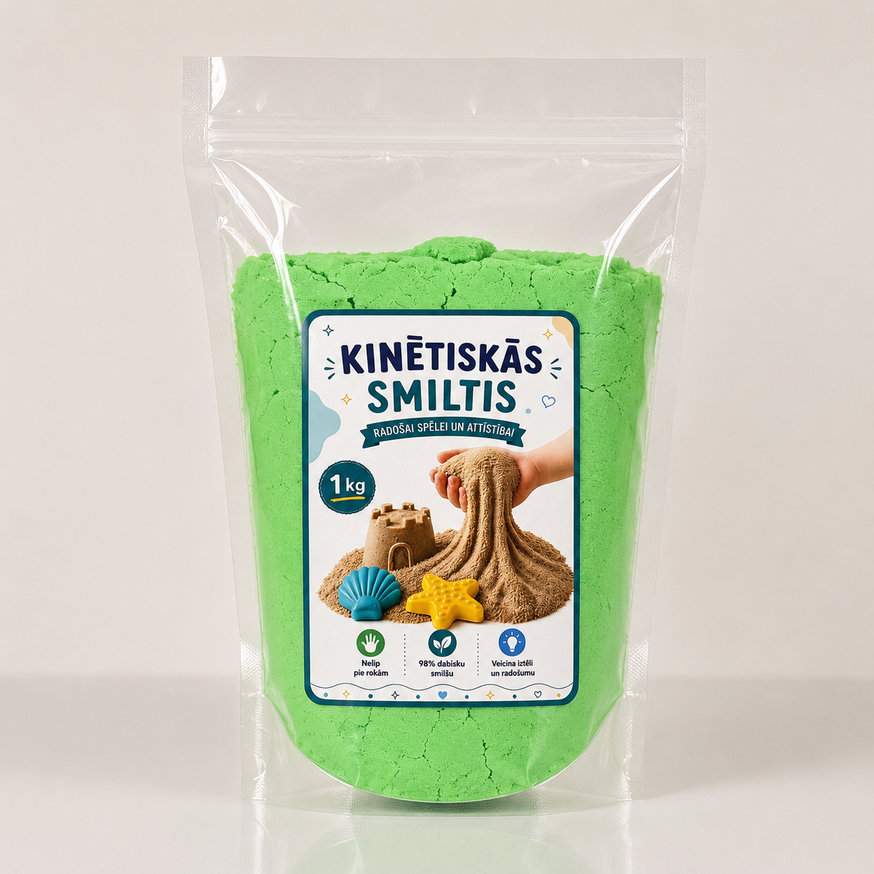 Zaļas kinētiskās smiltis bērniem 1 kg iepakojumā