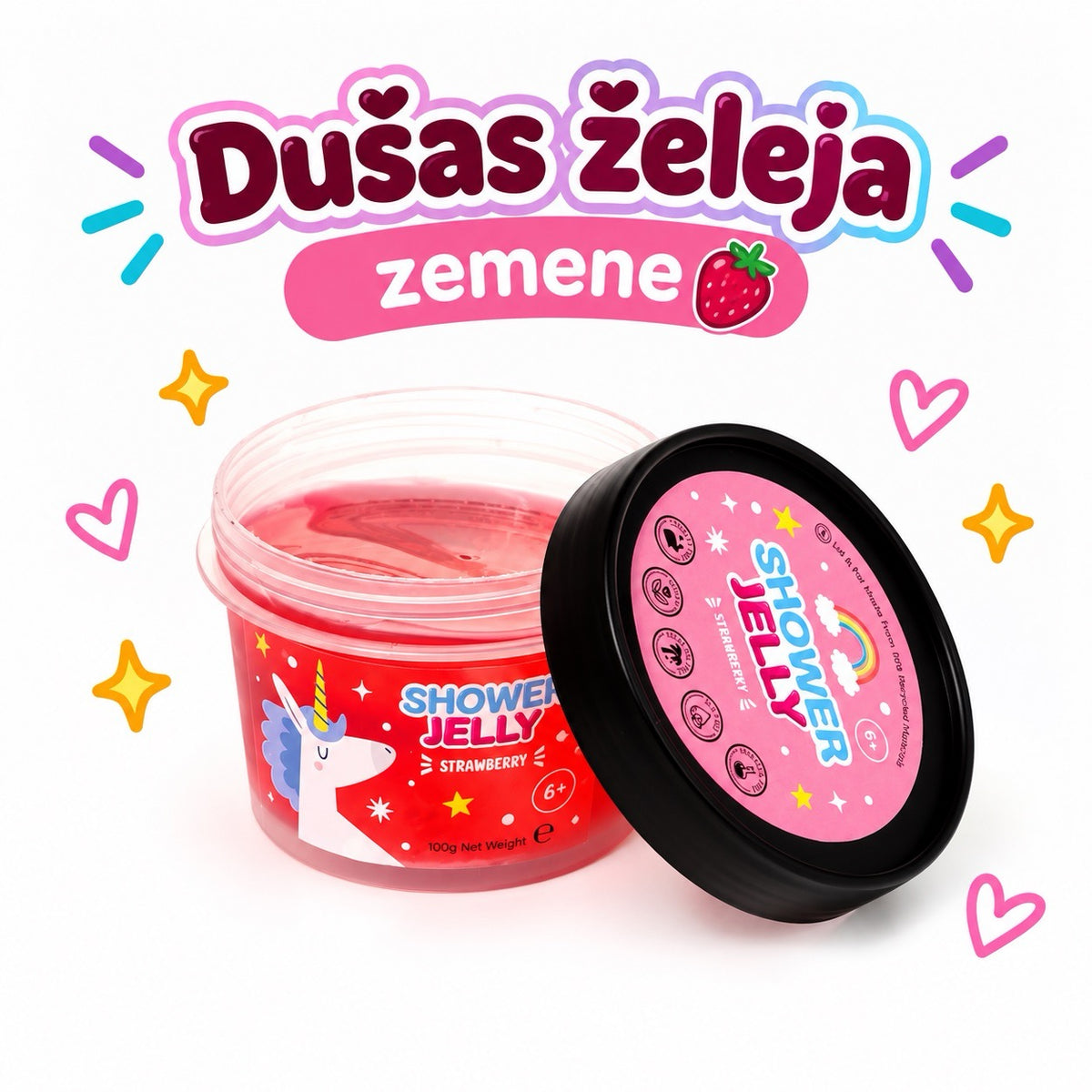 Četras krāsainas vienradžu dušas želejas bērniem