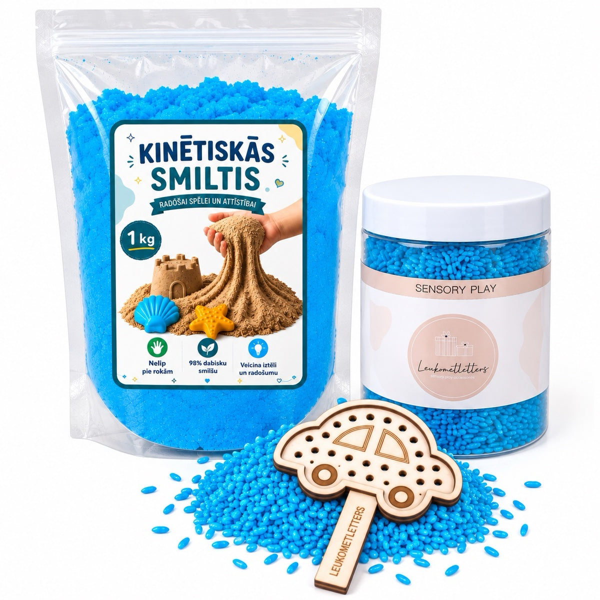 komplekts ar sensorajiem rīsiem un kinētiskajām smiltīm
