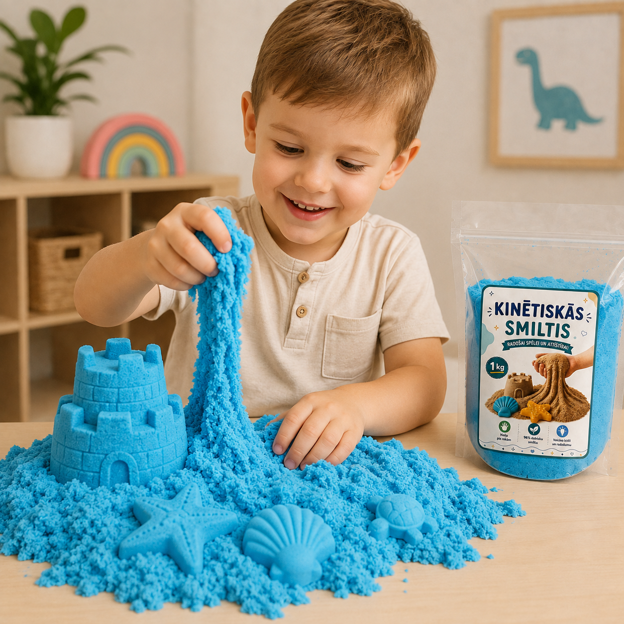 zēns spēlejas ar zilām kinetiskajām smiltīm